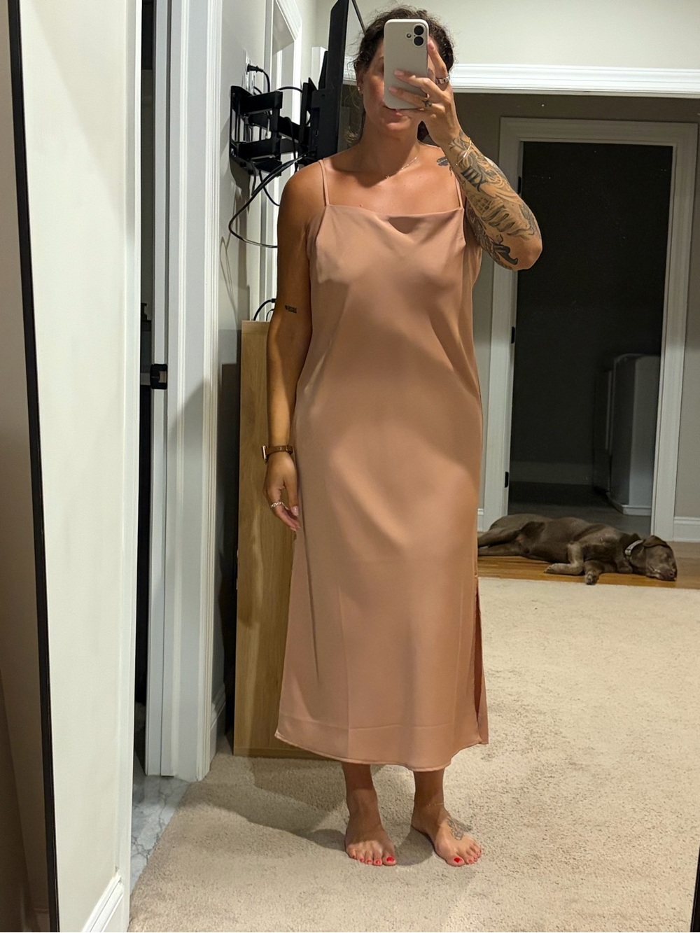 Satin Slip Midi Dress in Dusty Rose